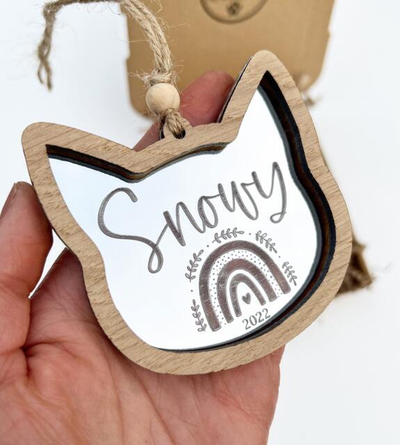 Personalised Cat Memorial Gift Made From Oak & Mirrored Perspex, Rainbow Bridge Inspired Gift, Ornament, Customised - image 1