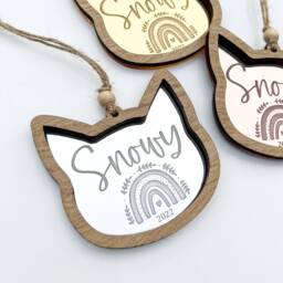 Personalised Cat Memorial Gift Made From Oak & Mirrored Perspex, Rainbow Bridge Inspired Gift, Ornament, Customised - thumbnail 3