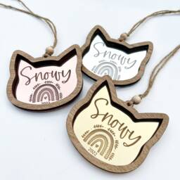 Personalised Cat Memorial Gift Made From Oak & Mirrored Perspex, Rainbow Bridge Inspired Gift, Ornament, Customised - thumbnail 2