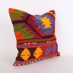 Handwoven Kilim Pillow Cover 16x16 Turkish Bohemian Decor - thumbnail 3