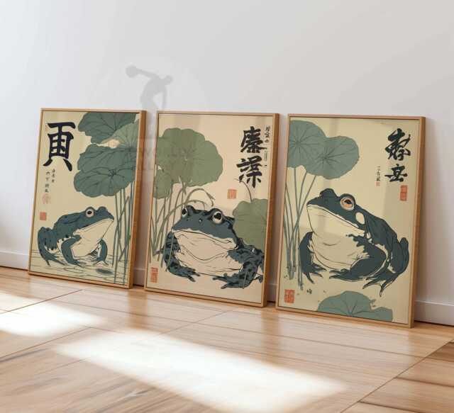Set Of 3 Japanese Frog Posters, Vintage Wall Art, Lotus Leaf Print, Traditional Decor, Retro Animal Illustration - image 1
