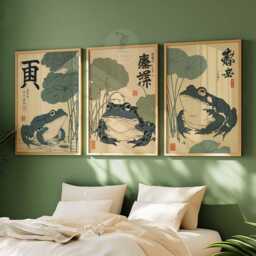 Set Of 3 Vintage Japanese Frog Prints, Retro Animal Illustration, Lotus Leaf Art - thumbnail 4