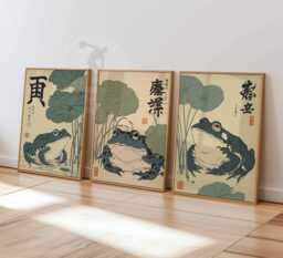 Set Of 3 Japanese Frog Posters, Vintage Wall Art, Lotus Leaf Print, Traditional Decor, Retro Animal Illustration - thumbnail 1