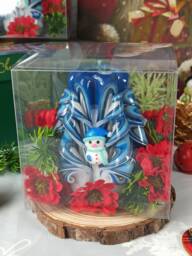 Small Colorful & Unique Hand Carved Candle - Blue Christmas With Snowman Perfect Gift & Decor Gift For Her - thumbnail 1