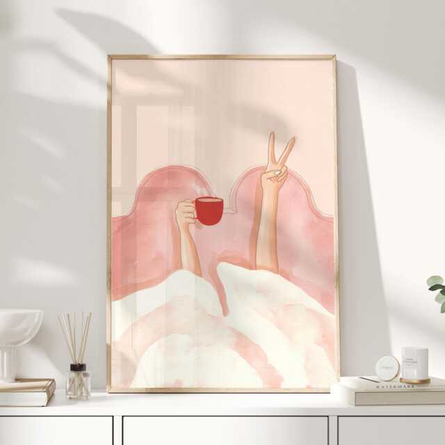 Coffee in Bed Print, Minimal Pink Bedroom Wall Art, Morning Routine Poster, Editorial Illustration, Self Care Decor - image 1