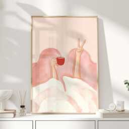 Coffee in Bed Print, Minimal Pink Bedroom Wall Art, Morning Routine Poster, Editorial Illustration, Self Care Decor - thumbnail 1