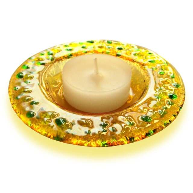 Yellow Murano Glass Candle-Holder With Green Drops, Fused Saucer For Small Light - Lapilli Series, Romantic Table & Bath - image 1