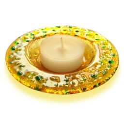 Yellow Murano Glass Candle-Holder With Green Drops, Fused Saucer For Small Light - Lapilli Series, Romantic Table & Bath