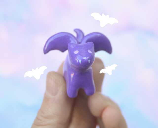 Handmade Purple Bat Cat Figurine Kawaii Spooky Desk Decor - image 1