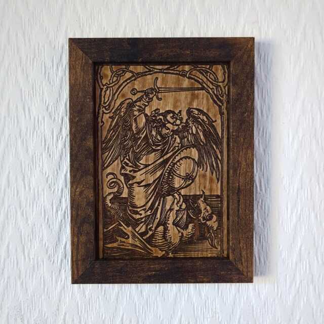 "Saint Michael Slaying The Dragon - Albrecht D??rer, C.1498 Renaissance Woodcut Framed Reproduction On Oak Veneer Hand Finished 7""x9" - image 1