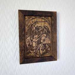 "Saint Michael Slaying The Dragon - Albrecht D??rer, C.1498 Renaissance Woodcut Framed Reproduction On Oak Veneer Hand Finished 7""x9" - thumbnail 2