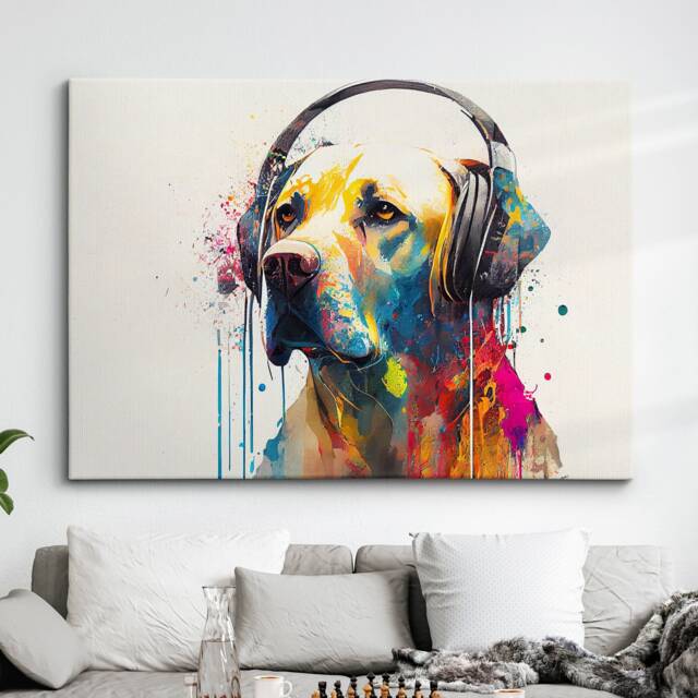 Golden Retriever With Headphones Abstract Modern Painting Wall Art, Framed Canvas Poster Print, Home/Office Room Decor, Gifts - image 1