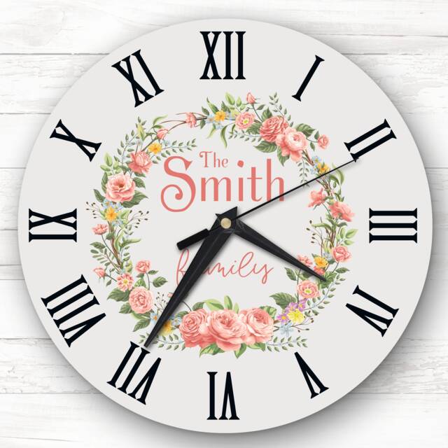 Floral Wreath Pale Stone Family Name Personalised Gift Clock - image 1