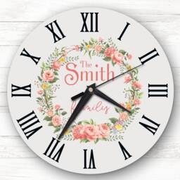Floral Wreath Pale Stone Family Name Personalised Gift Clock - thumbnail 1