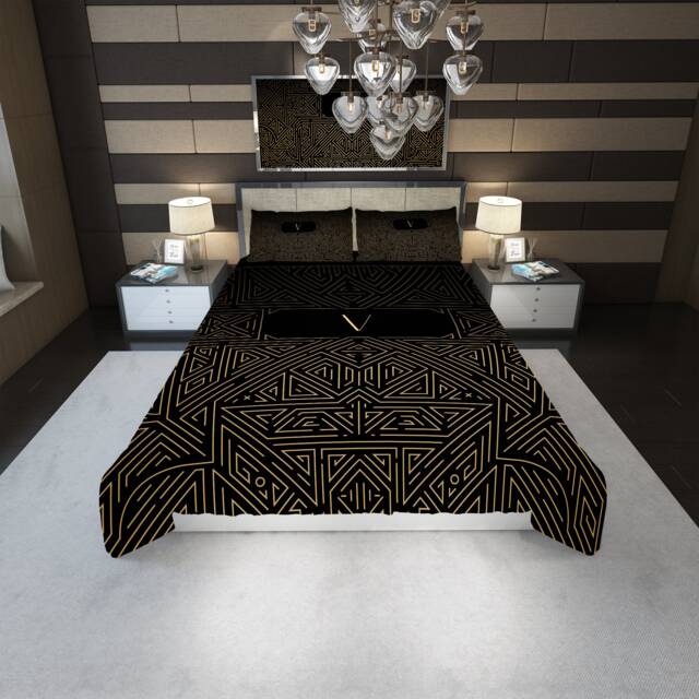 Art Deco Family Initial Bedding Black & Gold Geometric Stripe