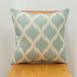 Linen Blend Sky Blue Trellis Pattern Cushion. Geometric in Baby On A Basketweave Natural Cloth. 17x17