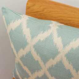 Linen Blend Sky Blue Trellis Pattern Cushion. Geometric in Baby On A Basketweave Natural Cloth. 17x17 - thumbnail 2