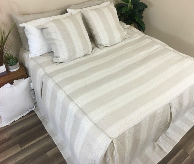 Natural Linen Coastal Striped Bed Cover With Tailored Pleats, Makeover - image 1