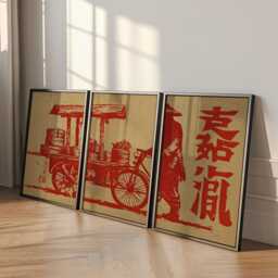 Red Dim Sum Cart Poster Set - Vintage Linocut Style Wall Art 3 Piece Chinese Street Food Print - thumbnail 3