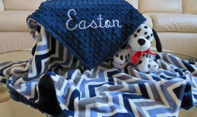 Navy Blue Minky/Chevron Boy Blanket, Personalized Baby Shower Gift, Usa Handcrafted - image 1