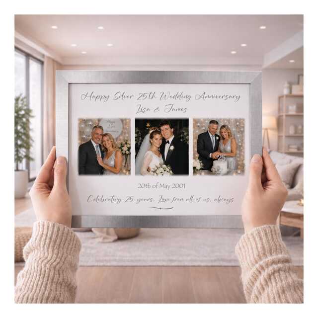 Personalised Silver 25Th Wedding Anniversary Photo Frame, Custom 3 Montage Gift For Couples, 25 Year Married Keepsake, 6 Frame Choice - image 1