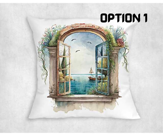 Coastal Window View Canvas Cushion Cover - Mediterranean Decor - image 1