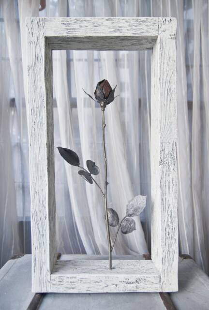Metal Rose Wall Sculpture Wrought Iron Flower in Wood Frame By The Steel Style Things - image 1