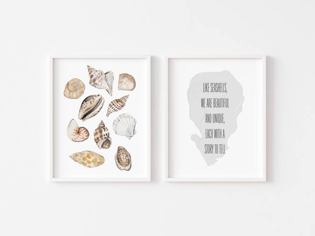 Bathroom Prints Set Of 2 - Minimalist Print Wall Art Decor Seashell Shell Nautical Seaside