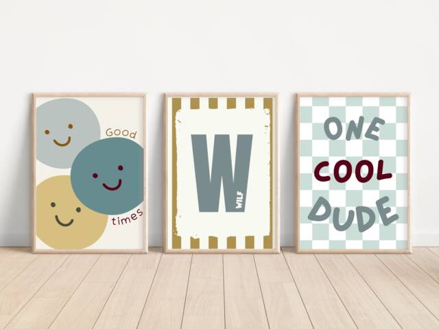 Set Of 3 Cool Dude & Smiley Faces Prints With A Personalised Initial. Perfect For Nursery, Bedroom Or Playroom - Prints Only - image 1