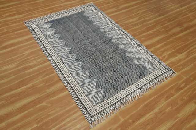 Black Beige Cotton Rug, Indian Handmade Kilim, Hallway Runner - image 1