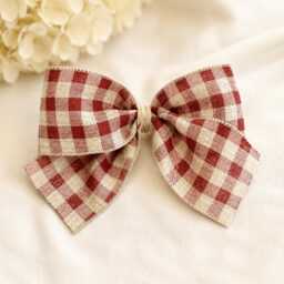 Beige & Burgundy Plaid Christmas Bow, Rustic Tree Ornament, Hair Bow Wreath Decor - thumbnail 1