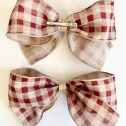 Beige & Burgundy Plaid Christmas Bow, Rustic Tree Ornament, Hair Bow Wreath Decor - thumbnail 4