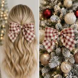 Beige & Burgundy Plaid Christmas Bow, Rustic Tree Ornament, Hair Bow Wreath Decor - thumbnail 2