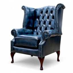 Chesterfield Chair High Back Queen Anne Real Leather Antique Green Handmade New - thumbnail 3