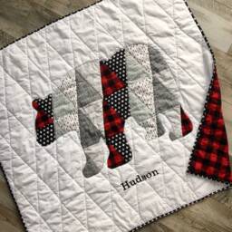 Homemade Flannel Custom Bear Blanket, Baby Boy Crib Quilt, Woodland Nursery Bedding - thumbnail 3