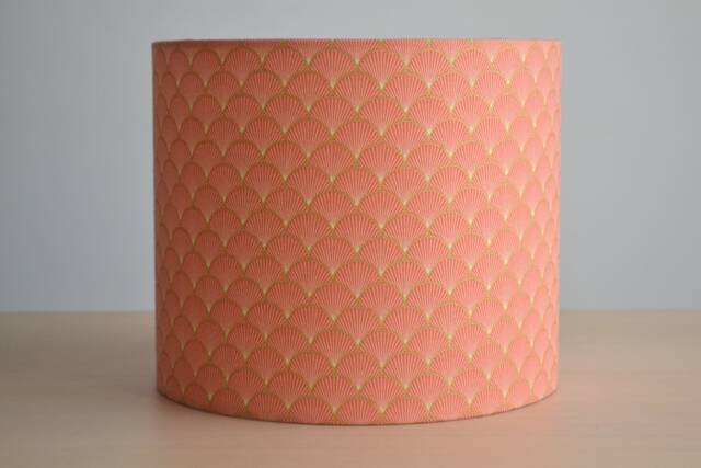 Cotton Fabric Lampshade With A Japanese Fan Pattern in Coral & Gold, Suitable For Table Lamp Or Pendant Light, Art Deco Cotton - image 1