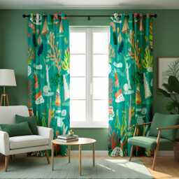 Underwater Ocean Curtains, Coral & Seaweed Marine Print Drapes, Turquoise Custom Made Window Panels For Kids Room Or Living
