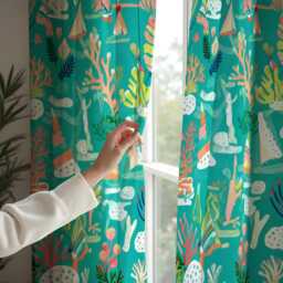 Underwater Ocean Curtains, Coral & Seaweed Marine Print Drapes, Turquoise Custom Made Window Panels For Kids Room Or Living - thumbnail 4