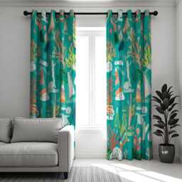 Underwater Ocean Curtains, Coral & Seaweed Marine Print Drapes, Turquoise Custom Made Window Panels For Kids Room Or Living - thumbnail 3