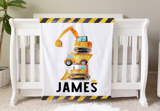 Construction Blanket, Personalized Baby Blanket Gift, Toddler Excavator Nursery Decor, Birthday Dump Truck - image 1