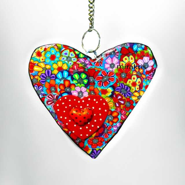 Polymer Clay Heart Wall Hanging Rainbow Floral Home Decor - image 1