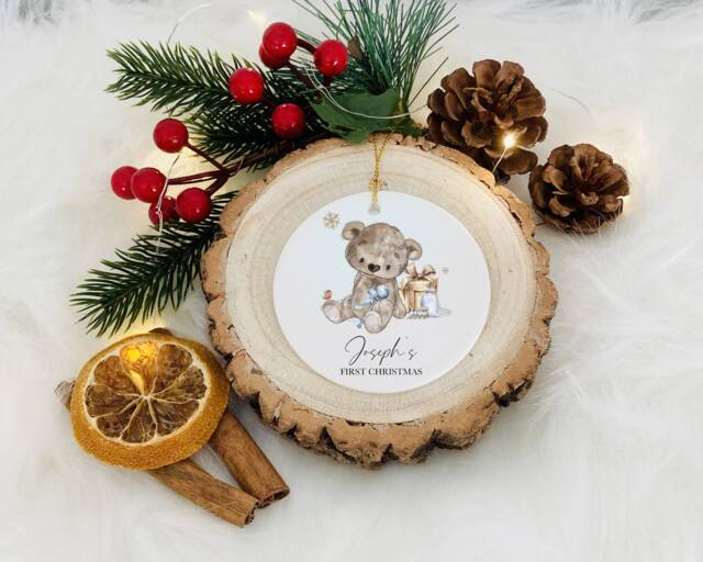 Personalised First Christmas Bear Bauble, Baby 1st Decoration - image 1