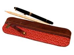 Wave Pattern Pencil Case Japanese Leather & Fabric With Waves In - thumbnail 1