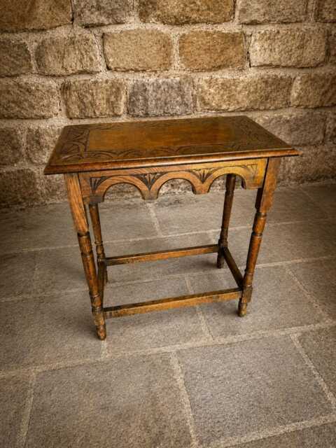 Antique Oak Arts & Crafts Side Table, Hand Carved Edwardian Hall Furniture - image 1