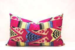 Handloom Silk Velvet Ikat Pillow Cover, Decorative Cushion - thumbnail 1