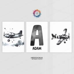 Personalised Kids Airplane Prints - Set Of 3 Wall Art - Black & Grey Boys Posters Room Nursery Custom Name Decor Aviation Gifts - thumbnail 2