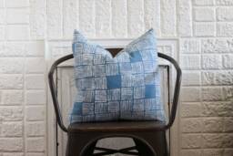 Blue Linen Block Print Pillow Cover - Boho Chic Home Decor - thumbnail 1