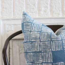 Blue Linen Block Print Pillow Cover - Boho Chic Home Decor - thumbnail 2