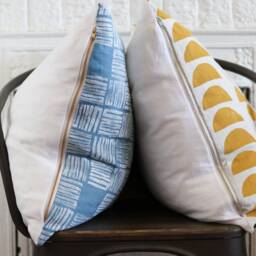 Blue Linen Block Print Pillow Cover - Boho Chic Home Decor - thumbnail 4