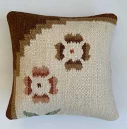 Handmade Cushion Cover, Textured Cream Turkish Cushion, Rug Pillow, Decorative Throw Kilim 16''x16''/40x40 cm - thumbnail 1